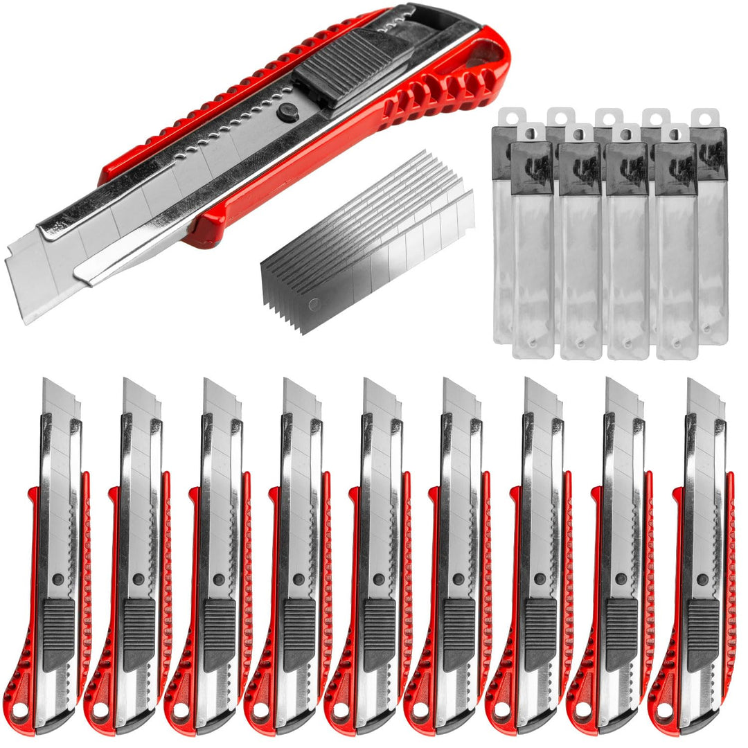Cuttermesser 18mm Teppichmesser 10 Stck. Aluminium rot lackiert + 100 Ersatzklingen 10 Stück, 10 Stü