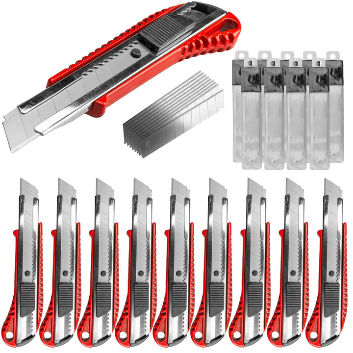 Cuttermesser 18mm Teppichmesser 10 Stck. Aluminium rot lackiert + 100 Ersatzklingen 10 Stück, 10 Stü