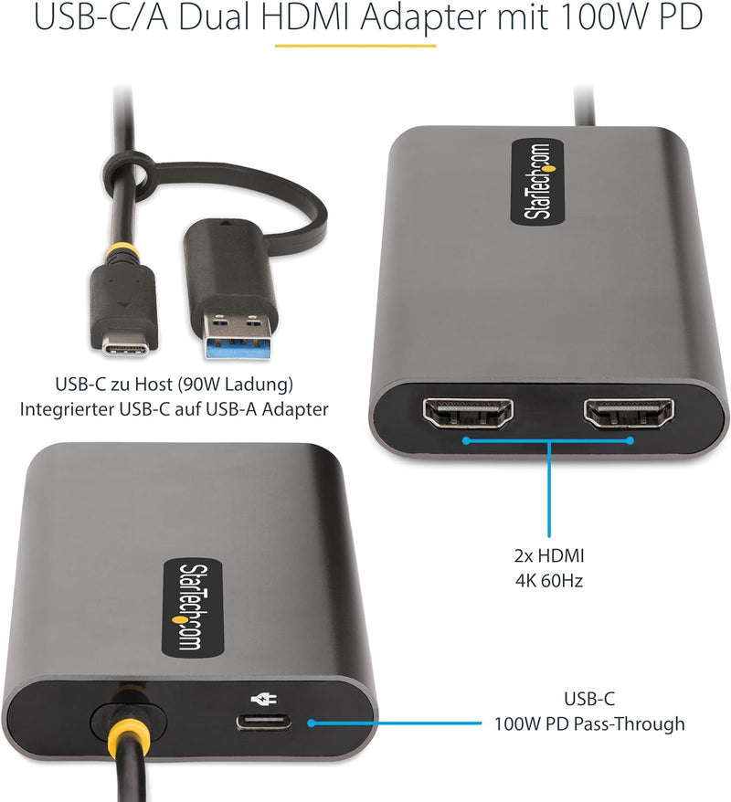 StarTech.com USB-C Dual HDMI Adapter - USB-C/USB HDMI Adapter für 2 4K 60Hz Monitore - 100W PD Pass-