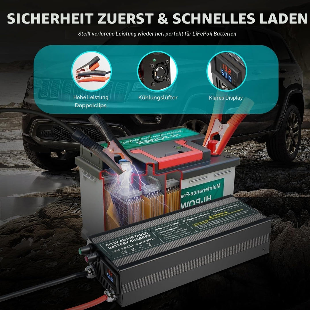 14,6V 60A LiFePO4 Ladegerät, Batterieladegerät 0-15V/0-60A einstellbare, Schnelles Aufladen 12V Akku