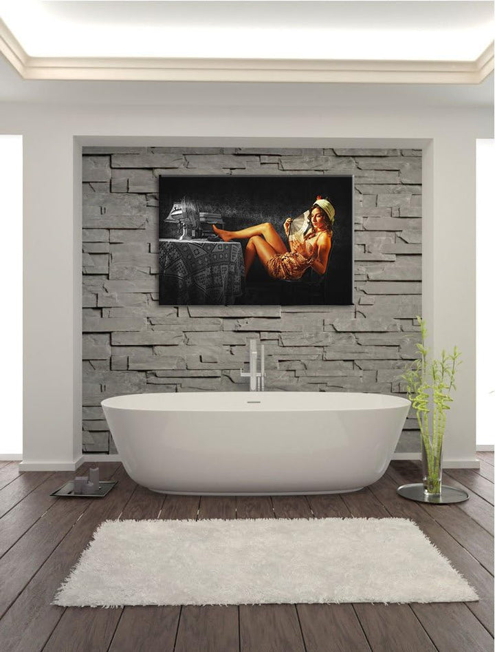 altmodische Dame mit Fächer und Drink schwarz/weiss Format: 100x70 auf Leinwand, XXL riesige Bilder