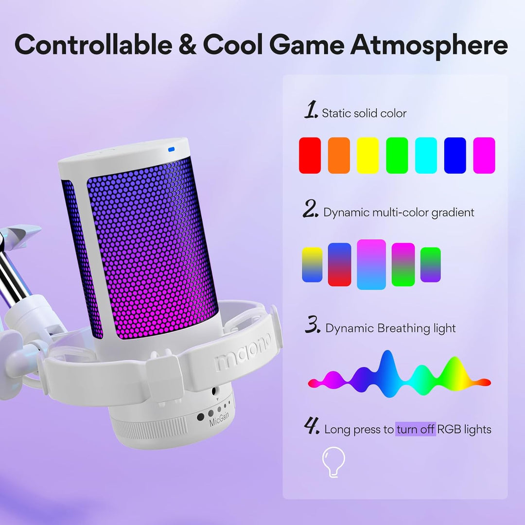 MAONO Gaming Mikrofon, USB Microphone mit RGB-Licht, Geräuschunterdrückung, Stummschaltung, Gain, Ga