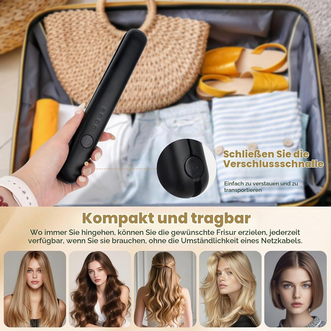 Mini Glätteisen Kabellos, 2 in 1 Haarglätter Glätteisen, Kabelloses glätteisen mit 4 Temperaturen, g