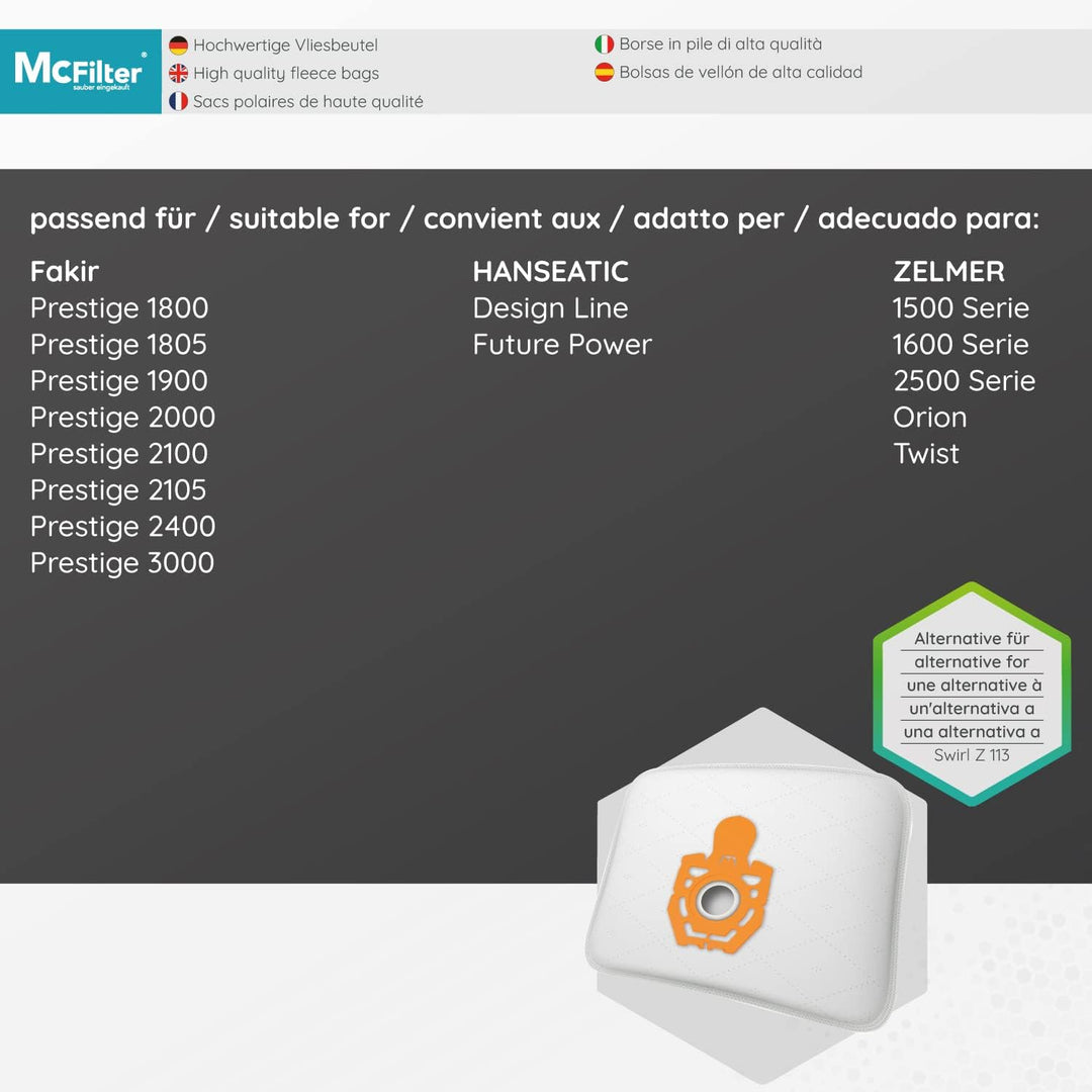 McFilter | 10 Staubsaugerbeutel geeignet für Fakir Prestige 1800 1805 1900 2000 2100 2105 2400 3000