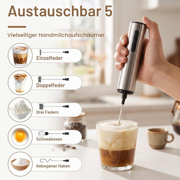 5-in-1 Handmilchaufschäumer Elektrisch mit USB-Akku, 3 Geschwindigkeiten