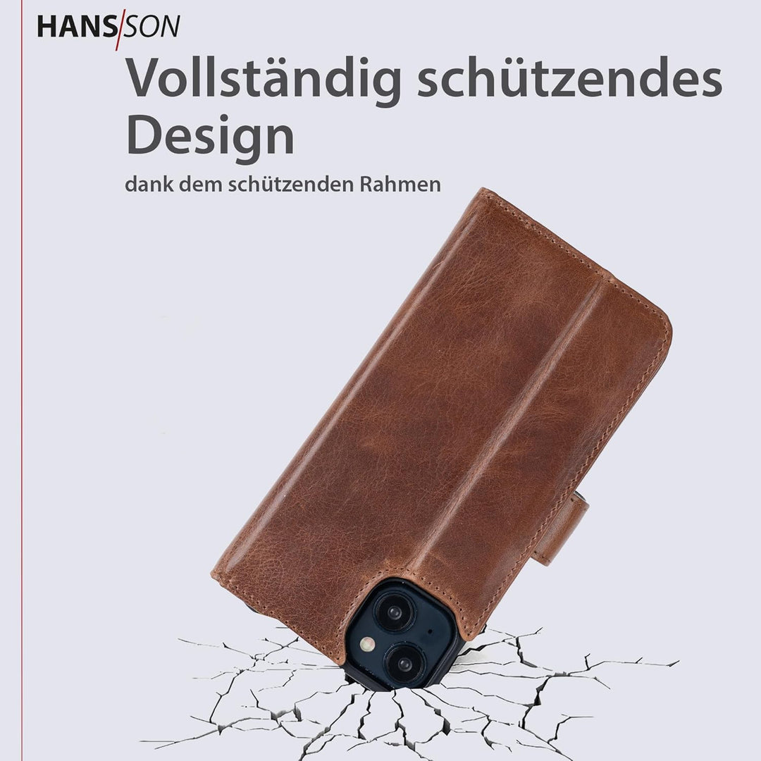 HANS/SON Klappbare Echtlederhülle | iPhone 14 Plus Ledercase mit Kartenfächern | Lederhülle mit Sche