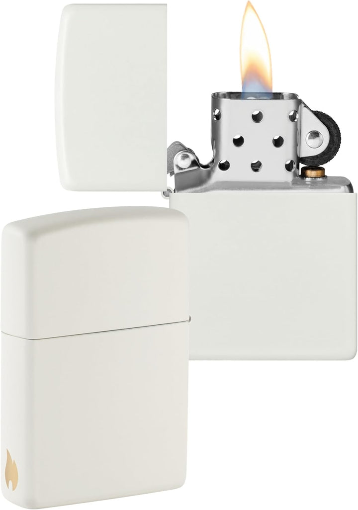ZIPPO - White Matte - nachfüllbares Sturmfeuerzeug in hochwertiger Geschenkbox (weiss, Flammenmotiv