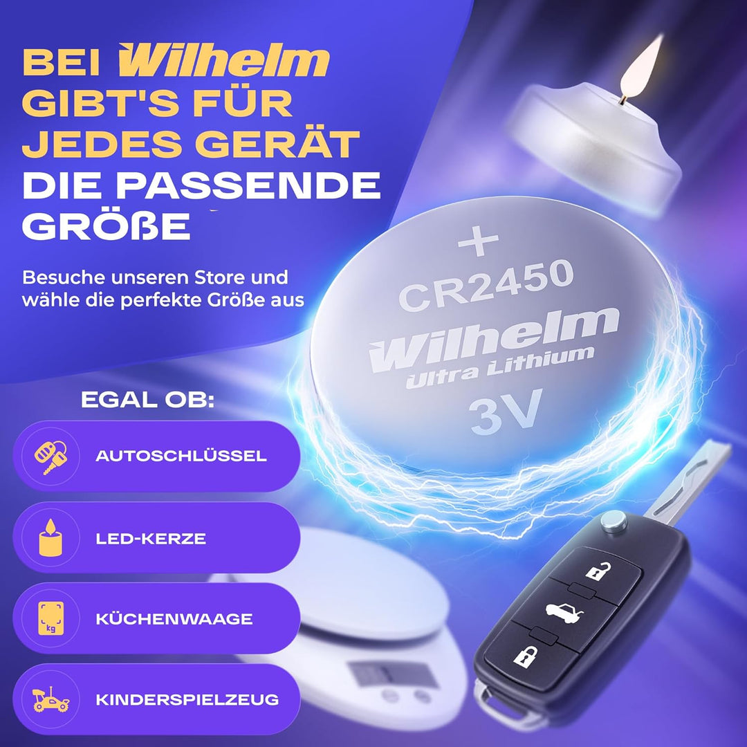 50 x CR2450 WILHELM Lithium Knopfzelle 3V 600mAh ø24,5x5,0mm Batterie DL 2450 50 Batterien, 50 Batte
