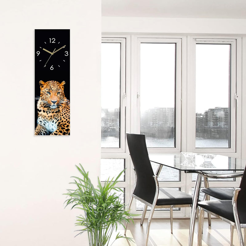 ARTLAND Wanduhr ohne Tickgeräusche Glas Quarzuhr 20x60 cm Rechteckig Lautlos Afrika Leopard Tiere Sa