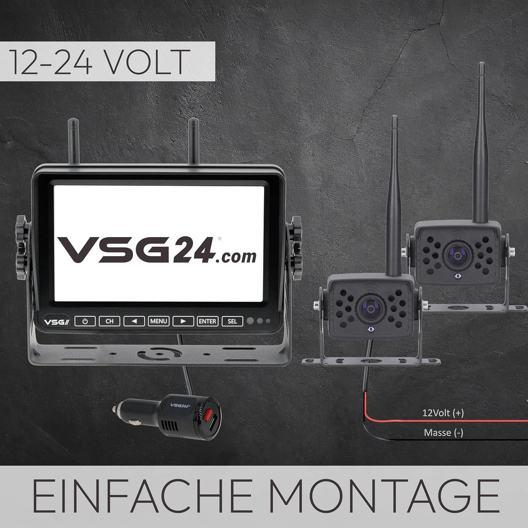 VSG24 Element Wired HD – Wetterfestes 7 Zoll HD Funk-Rückfahrkamera Set – 2 IP68 Kameras – Splitscre