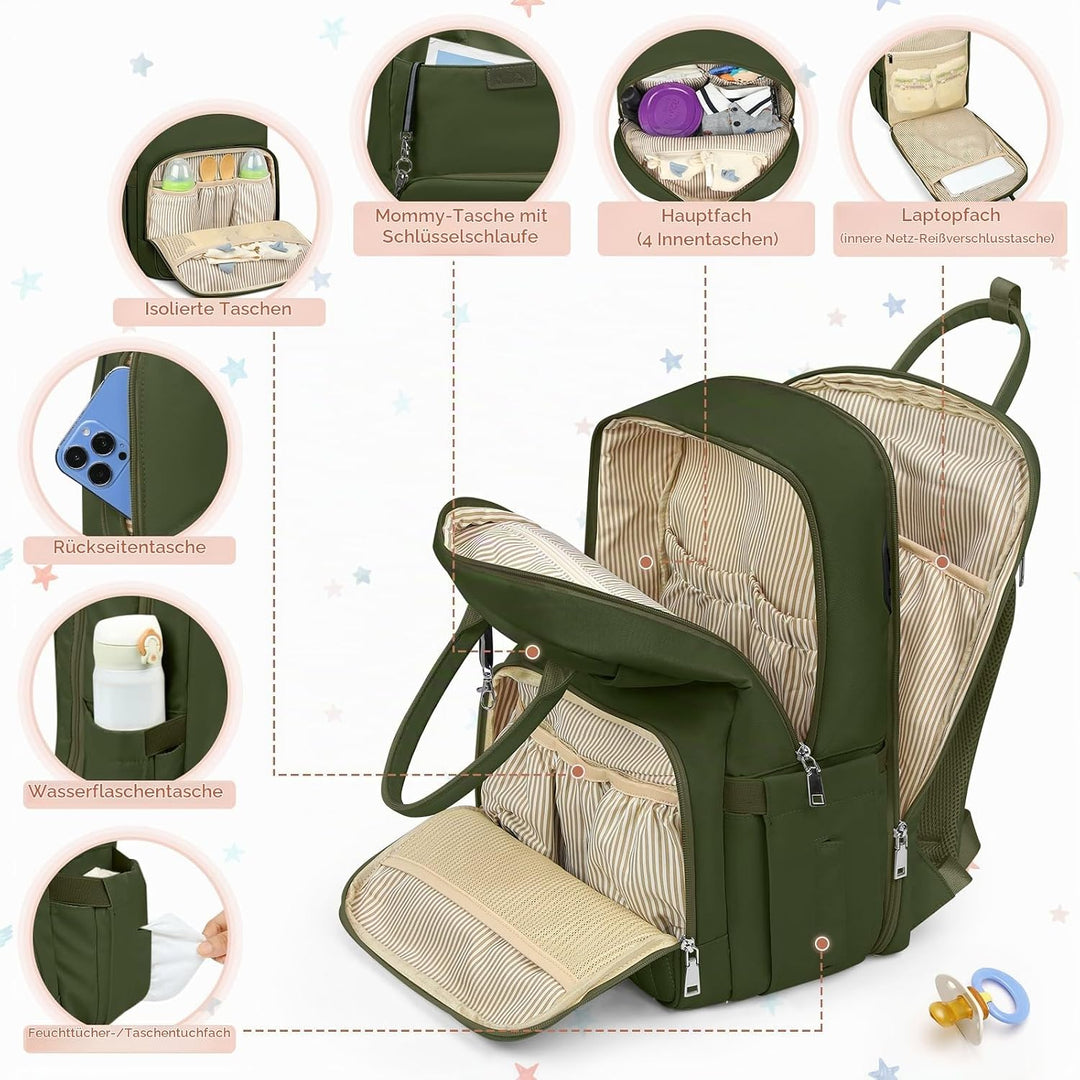 RAINSMORE Baby Wickelrucksack Gross Wickeltasche Rucksack mit Kinderwagengurten und Wickelunterlage