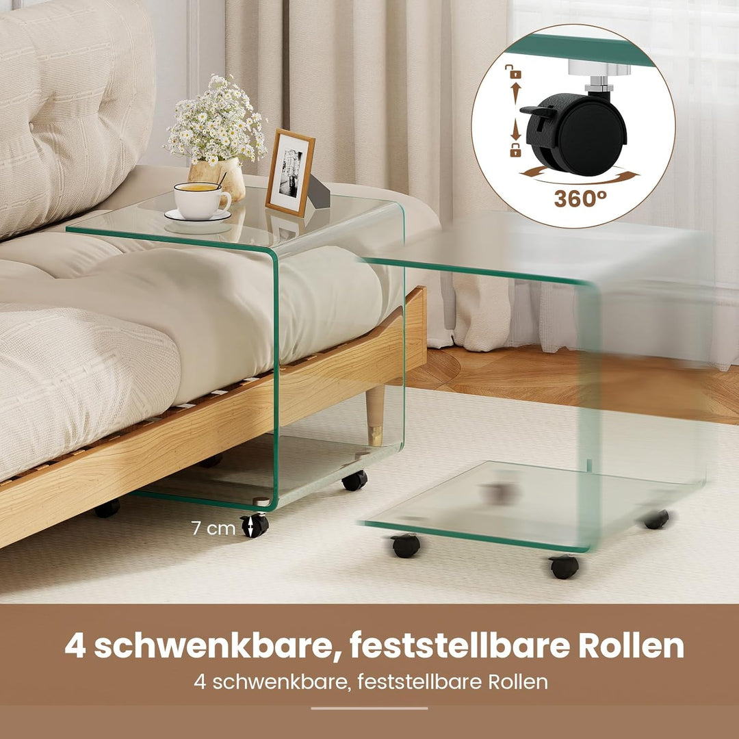 COSTWAY Beistelltisch aus gehärtetem Glas mit Rollen, Glastisch C-Form, Nachttisch, Sofatisch, Kaffe