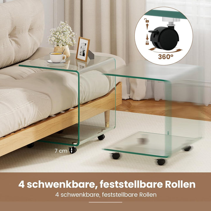 COSTWAY Beistelltisch aus gehärtetem Glas mit Rollen, Glastisch C-Form, Nachttisch, Sofatisch, Kaffe