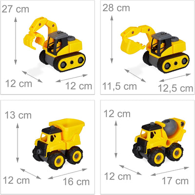 Relaxdays Baustellenfahrzeuge Kinder, Bagger Spielzeug im 4er Set, Schraubendreher mit 3 Aufsätzen,