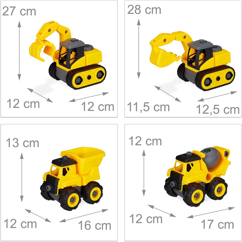 Relaxdays Baustellenfahrzeuge Kinder, Bagger Spielzeug im 4er Set, Schraubendreher mit 3 Aufsätzen,