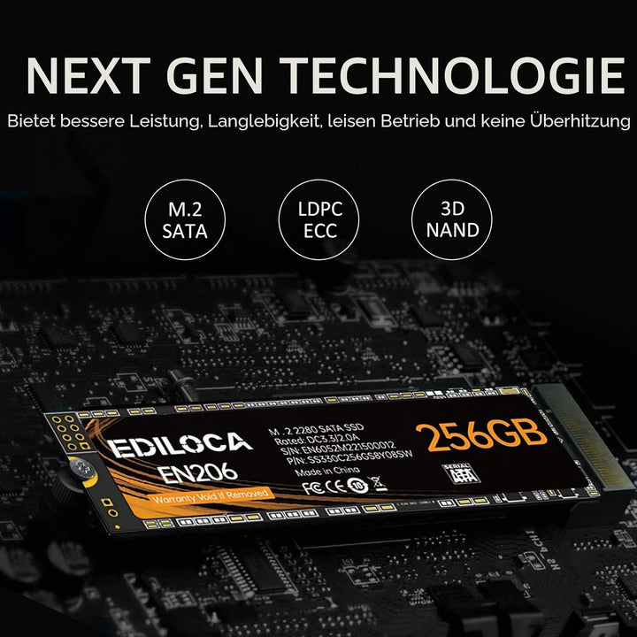 Ediloca EN206 256GB 3D NAND TLC M.2 SSD, M.2 2280 SATA III 6Gb/s SSD Interne Festplatte, Lese-/Schre