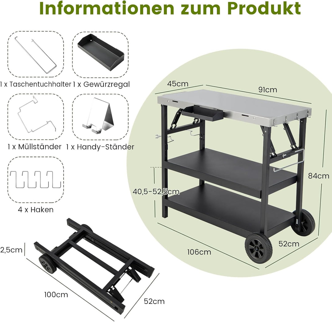 COSTWAY Grilltisch mit 3 Ablagen, Grillwagen mit Verstellbarer Ablage, Telefonständer, Gewürzregal,