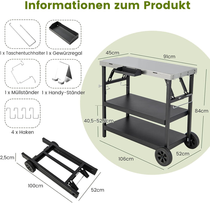 COSTWAY Grilltisch mit 3 Ablagen, Grillwagen mit Verstellbarer Ablage, Telefonständer, Gewürzregal,