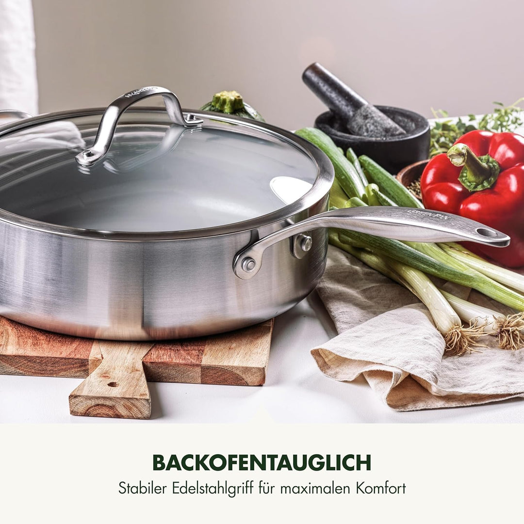 GreenPan Venice Pro Tri-Ply 28cm/4.8l Schmorpfanne mit Hilfsgriff und Deckel, Gesundes Antihaft-Koch