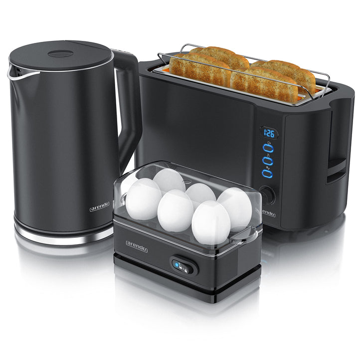 Arendo - Wasserkocher mit Toaster SET und Eierkocher, Edelstahl Schwarz Wasserkocher 1,5L 40° - 100°