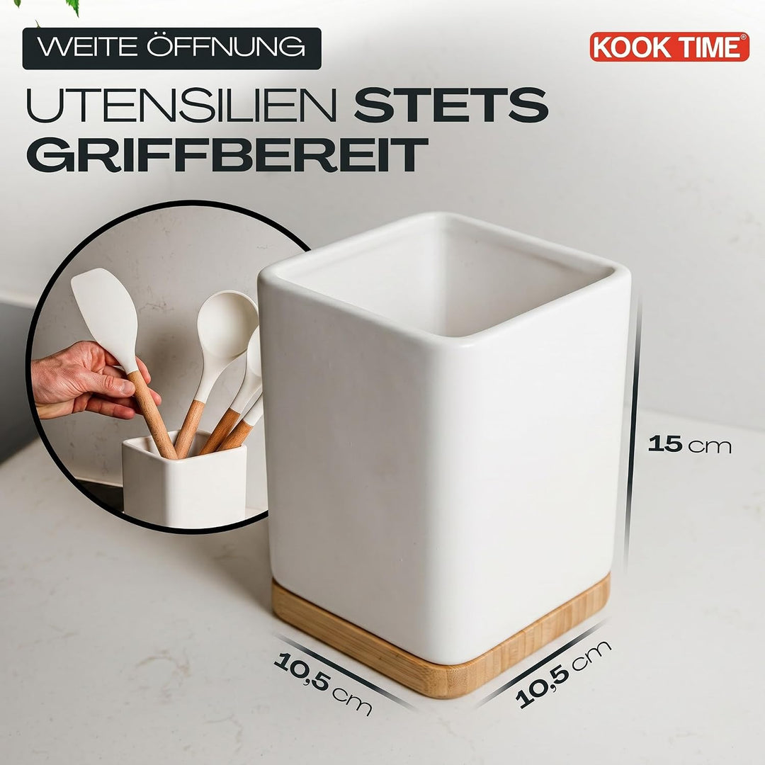 KOOK TIME Küchenutensilienhalter - Utensilienhalter küche aus keramik und Bambus - Quadratischer küc