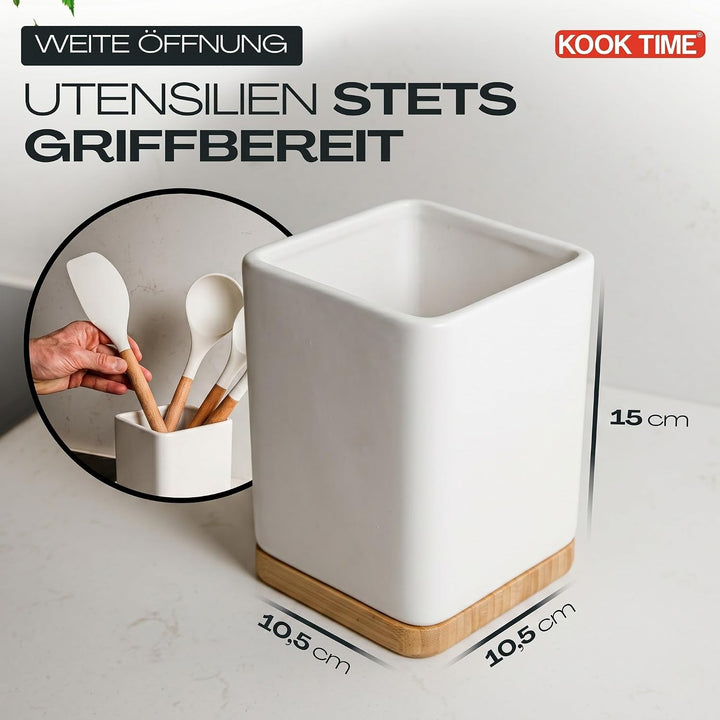 KOOK TIME Küchenutensilienhalter - Utensilienhalter küche aus keramik und Bambus - Quadratischer küc