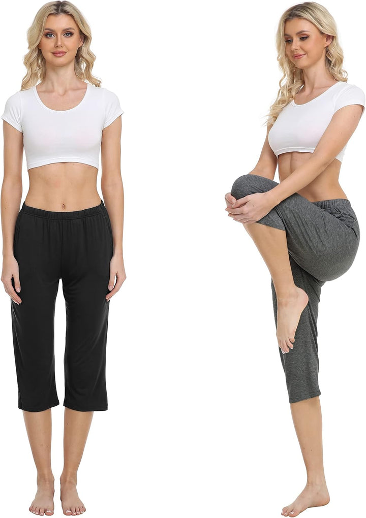 MoFiz Damen Schlafanzughose 3/4 Lang Schlafhose Modal Nachtwäsche Weich Pyjamahose Freizeithose mit
