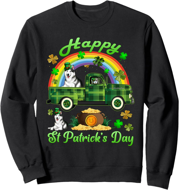 St Patricks Day Shirt Women Buffalo Plaid Truck Husky Dog Sweatshirt