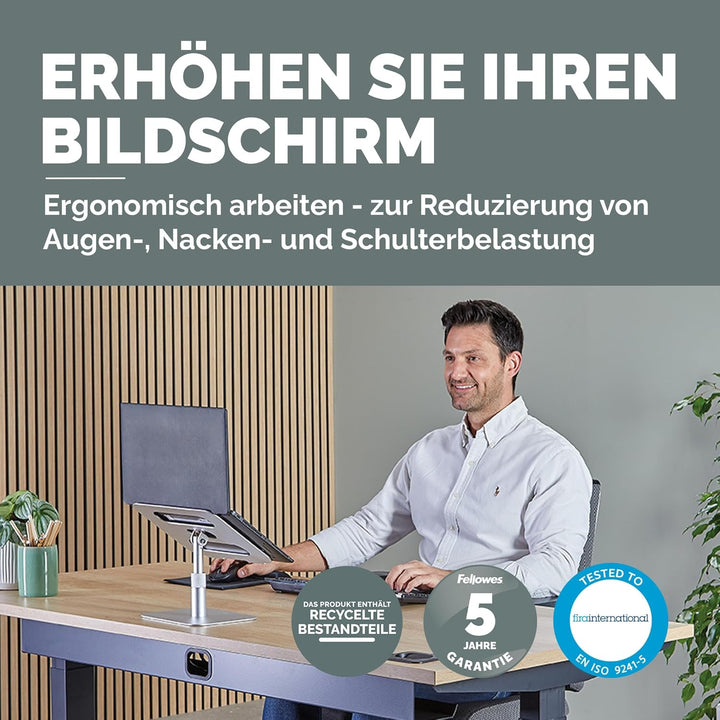 Fellowes Alumia™ Laptopständer – Ergonomisch, höhen- &amp; neigungsverstellbar – Aus recyceltem Aluminiu