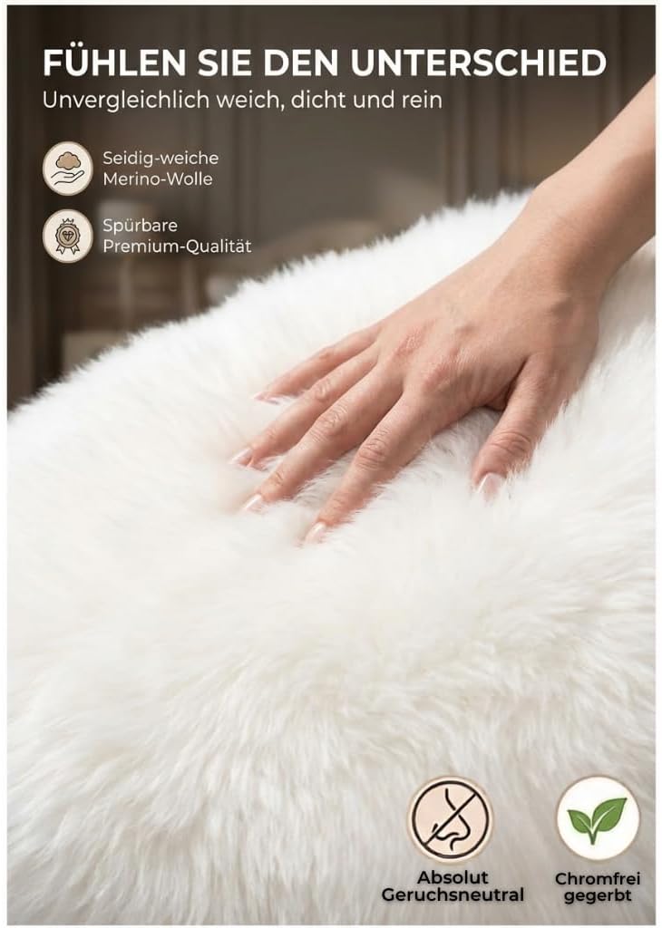 Extra grosses Super-Premium Schaffell, Kuschelfell von Lanabest. Weiss. Echtes Lammfell, geruchsarm