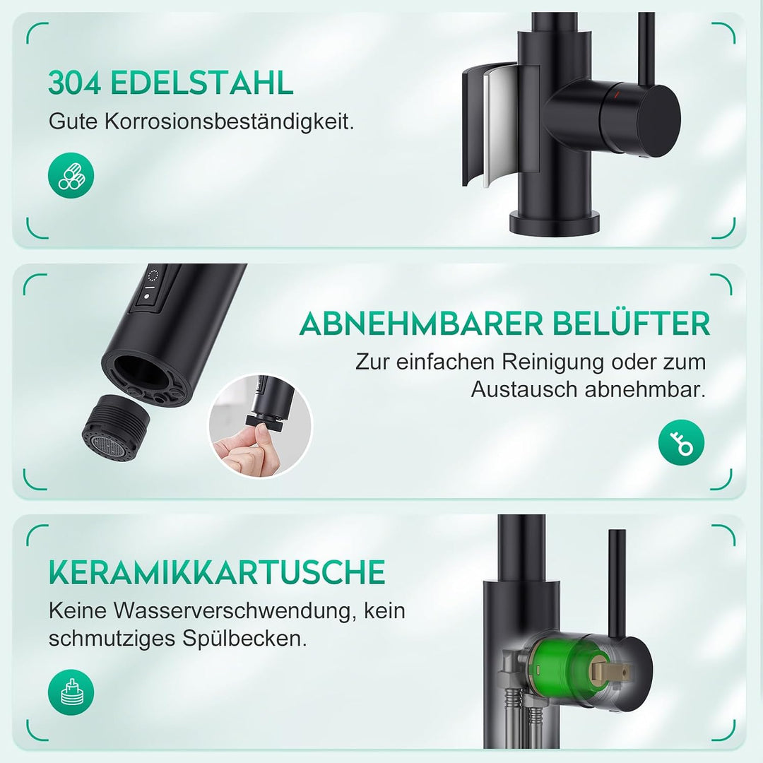 CREA 3 Wege Küchenarmatur mit Brause, Drei Wege Wasserhahn Küche Ausziehbar, 360° Drehbar 3 Wege Mis