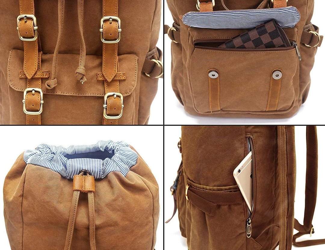 EverVanz Damen Herren Rucksack Reise Wandern Outdoorrucksack Canvas Leder Daypacks für 15 Zoll Lapto