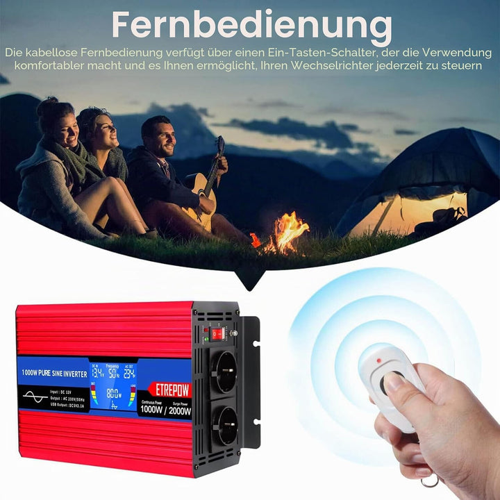 Wechselrichter 1000w 12v auf 230v Reiner Sinus Spannungswandler | 2 EU-Steckdose und Einer 2,1A USB,