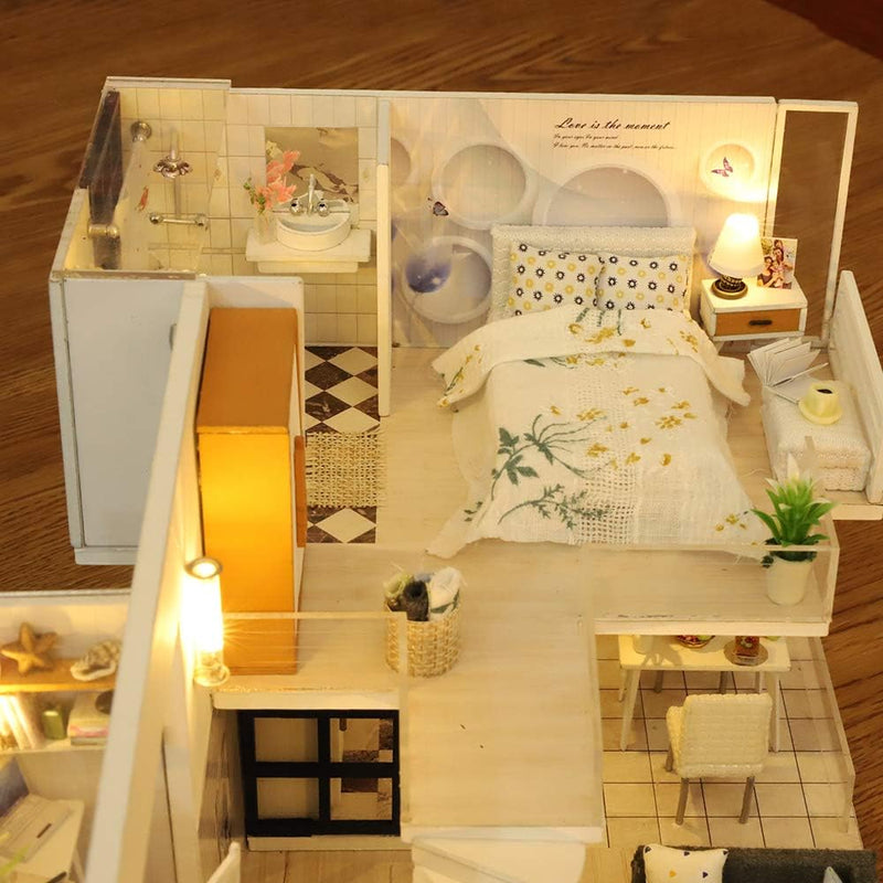 GuDoQi DIY Puppenhaus Miniatur Kit, 3D Hölzernes Puppenhaus Bausatz mit Möbeln und Musik und LED-Lic