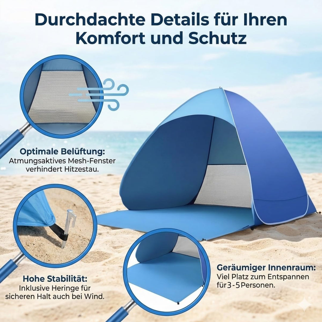 XXL Strandmuschel Pop Up uv Schutz 50 +, Strandzelt Sonnenschutz 3-5 Personen, Grösser Strandmuschel