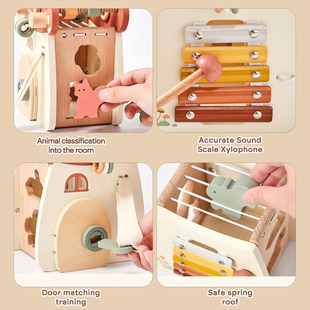 WOODEN TEETHER Montessori Motorikwürfel holzspielzeug Montessori Spielzeug ab 1 Jahr 5 in 1（Rosa Pil