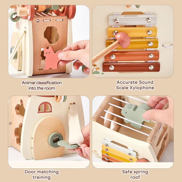 WOODEN TEETHER Montessori Motorikwürfel holzspielzeug Montessori Spielzeug ab 1 Jahr 5 in 1（Rosa Pil