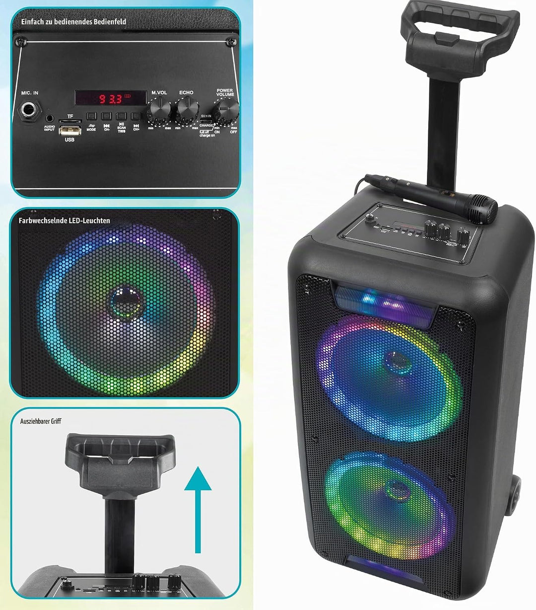 Intempo EE6745BLKSTKEU7 Karaoke-Lautsprecher mit kabelgebundenem Mikrofon, Bluetooth Partylautsprech