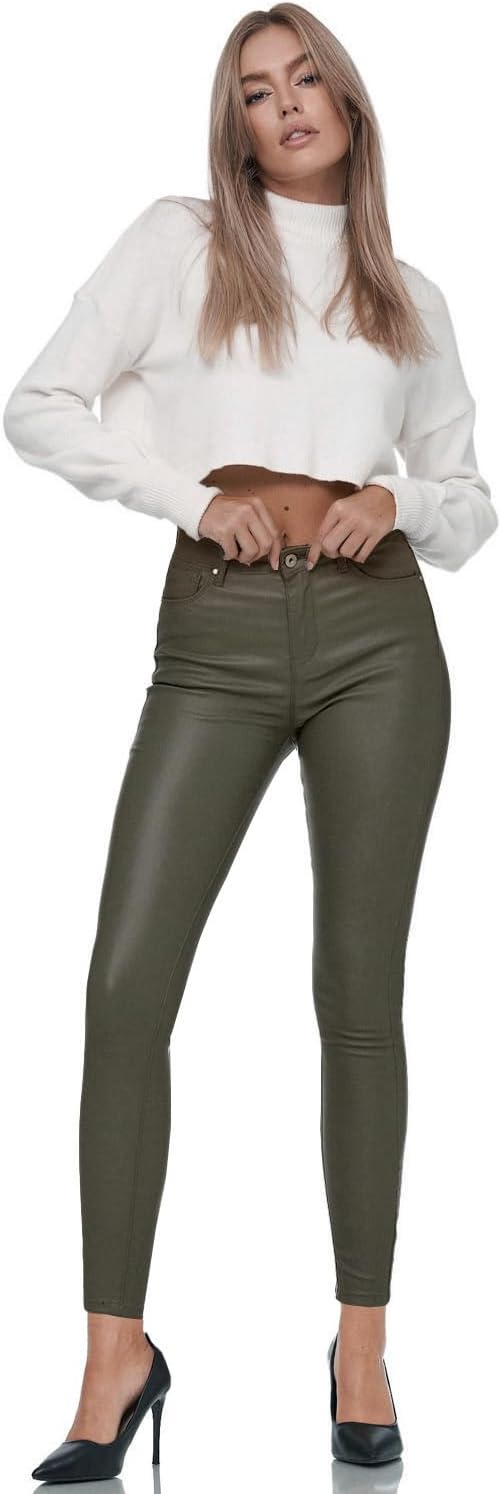 Gloop Skinny Fit Jeans Fit-Hose mit Ledereffekt Smooth Coated Pant Braun M, Braun M