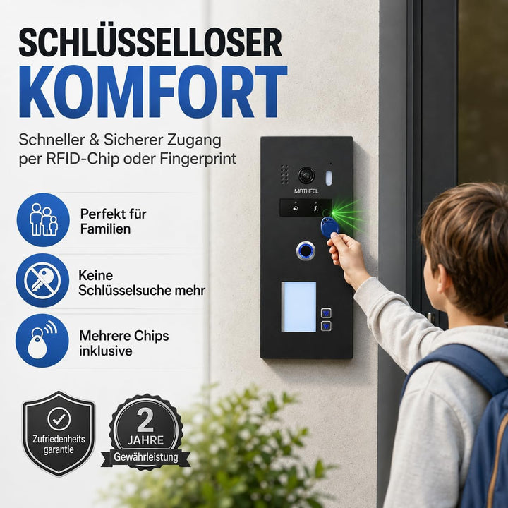 Mathfel 2-Draht IP Video Türsprechanlage 2 Familienhaus mit Fingerprint – Anthrazit Aussenstation, R