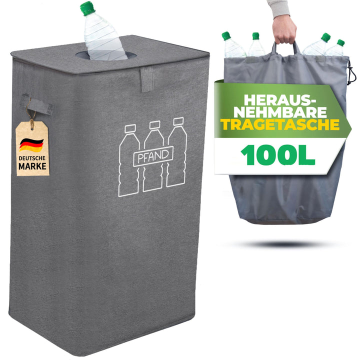 COTTARA® Pfandflaschen Sammelbehälter xxl mit Deckel und Tragetasche | Pfandbehälter mit Loch | Idea