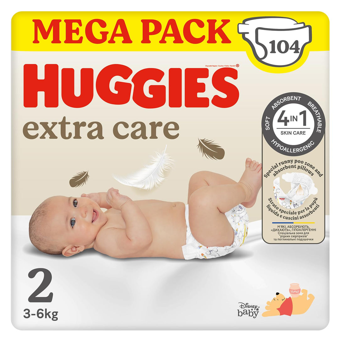 Huggies Extra Care Babywindeln, Grösse 2 (3-6 kg), Packung mit 104 Windeln (Megapack)