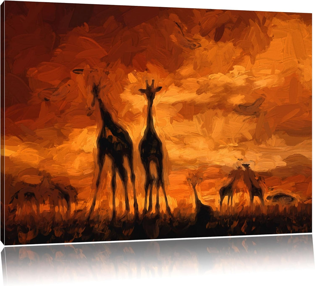Pixxprint Giraffen im Sonnenuntergang als Leinwandbild/Grösse: 100x70 cm/Wandbild/Kunstdruck/fertig