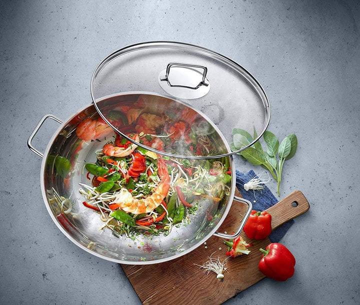 WMF Macao Wok Induktion 2-teilig, Wokpfanne 36 cm mit Glasdeckel, Wok für Induktion, Cromargan Edels
