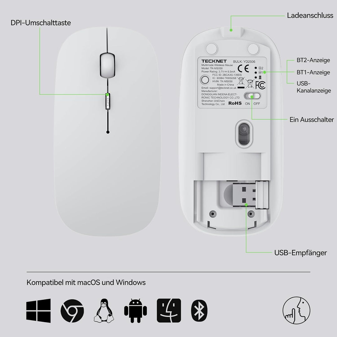 TECKNET Bluetooth Maus, Kabellose Maus mit 4800/3200/2400/1600/1200/800 einstellbare DPI, 2.4G USB F