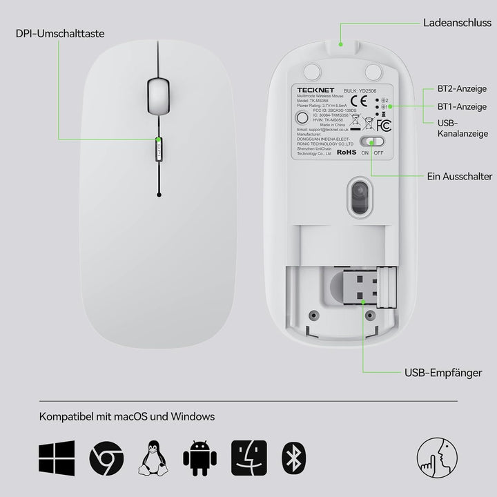 TECKNET Bluetooth Maus, Kabellose Maus mit 4800/3200/2400/1600/1200/800 einstellbare DPI, 2.4G USB F