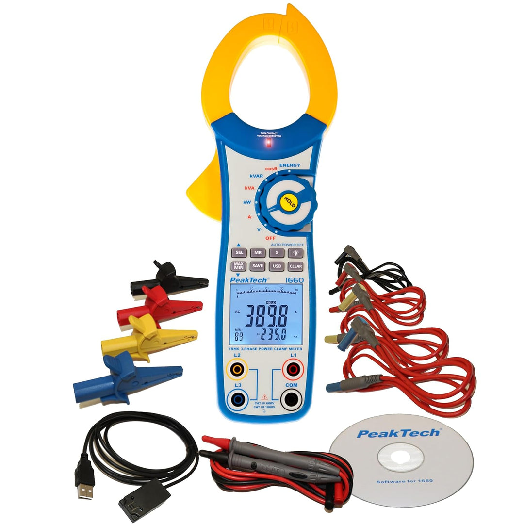 PeakTech P 1660 3-Phasen Stromzange / Digital-Leistungsstromzange 1000 A mit USB max. 750 kW / Energ