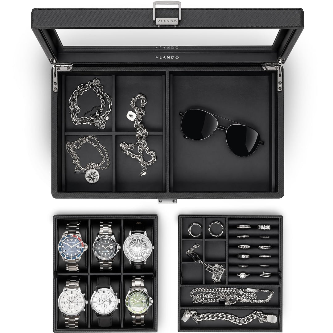 Vlando Uhrenbox Uhrenkasten mit Glasdecekel, Watch Box für Herren, Uhrenaufbewahrung Schmuckaufbewah