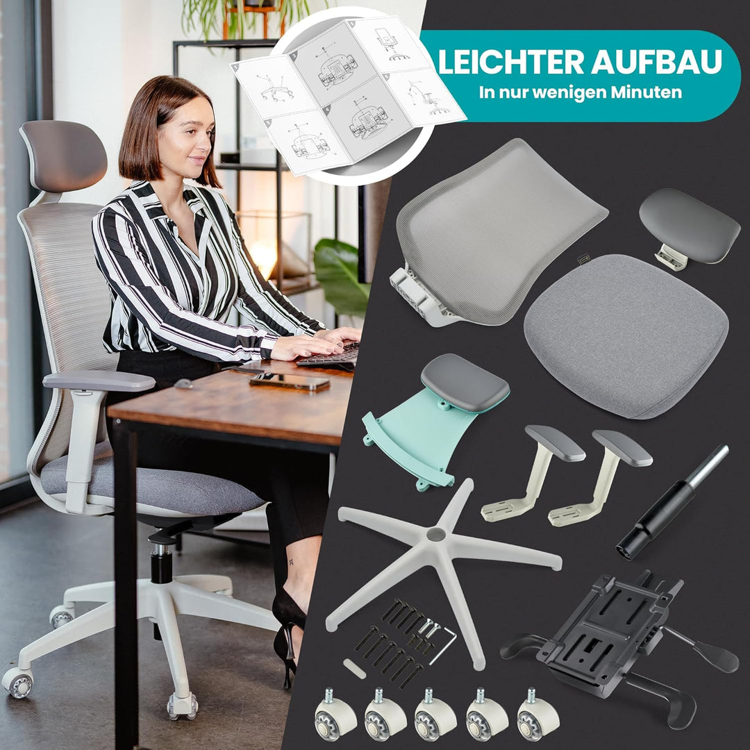 SCHEKKA® Ergonomischer Bürostuhl [verstellbare Lordosenstütze] 3D-Armlehnen | Kopfstütze | Atmungsak
