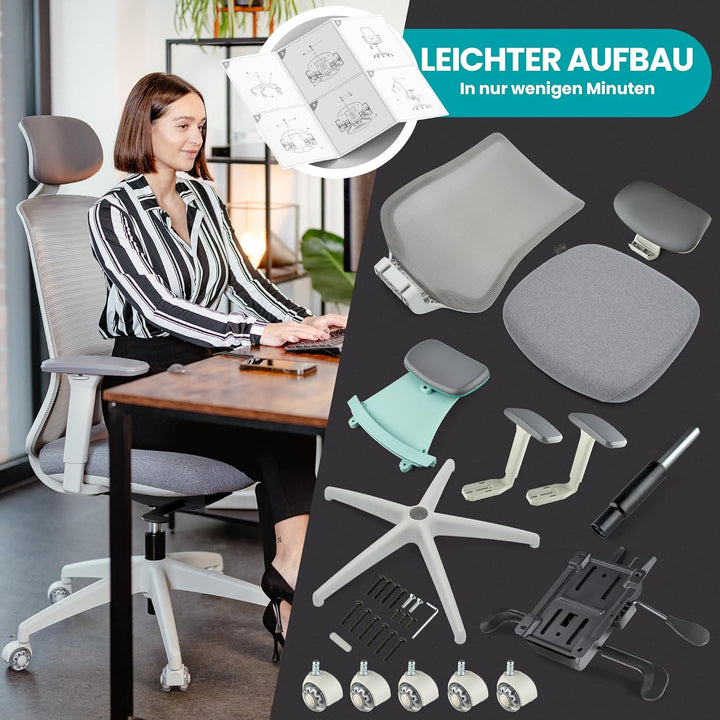 SCHEKKA® Ergonomischer Bürostuhl [verstellbare Lordosenstütze] 3D-Armlehnen | Kopfstütze | Atmungsak